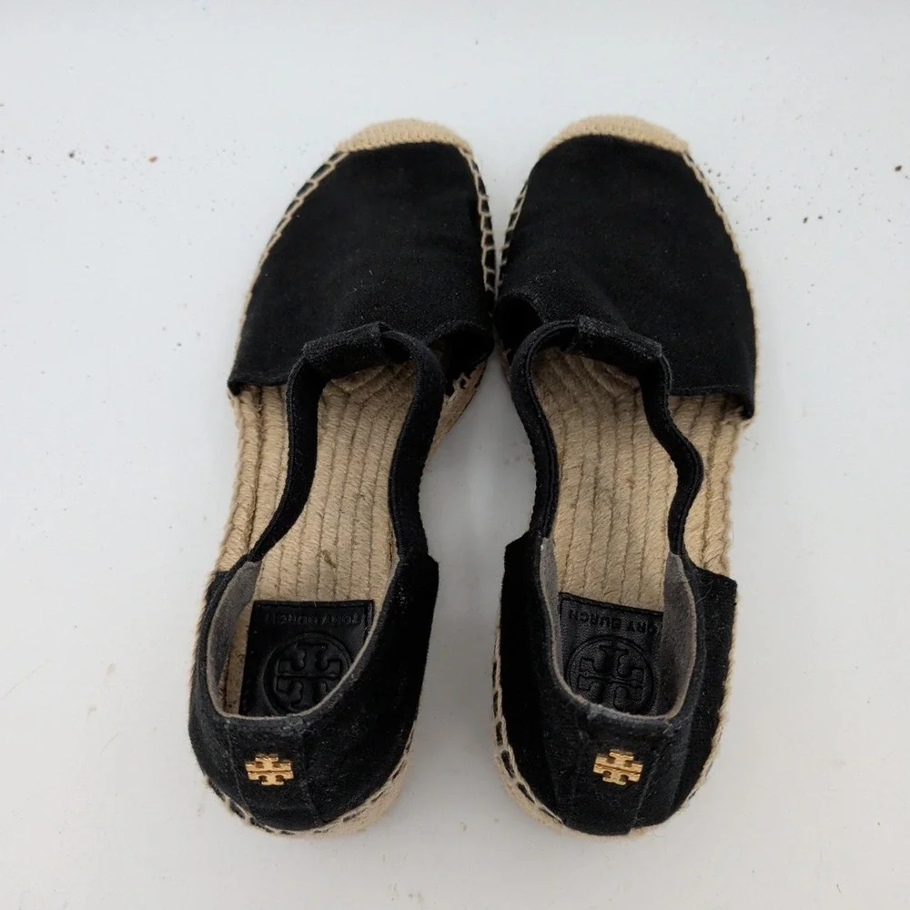 Tory Burch Catalina Black Canvas Espadrille Wedge Sandals Gold Logo Womens 10M